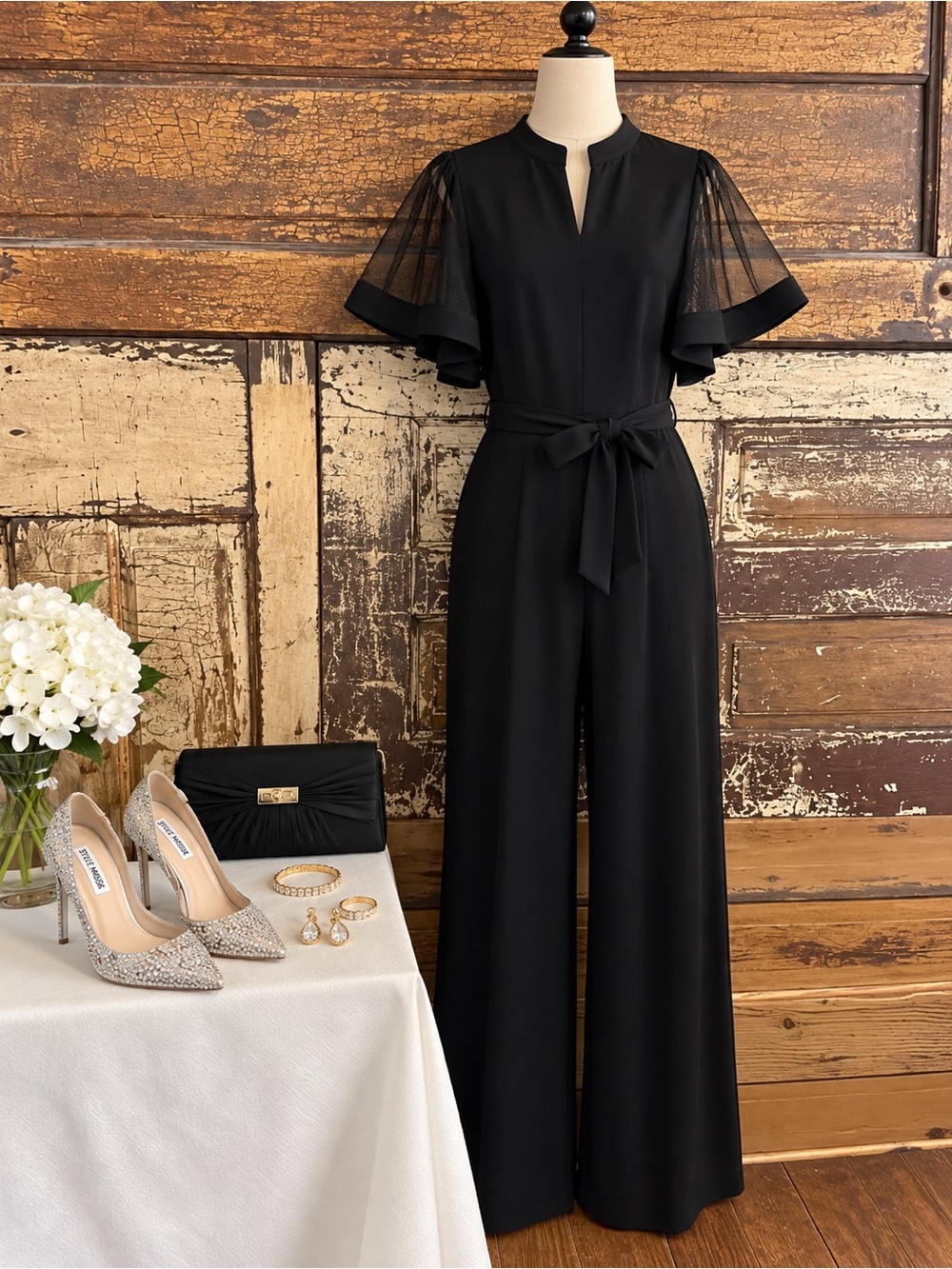 Black Wide Leg Jumpsuit | Sheer Flutter Sleeve Formal | NWOT XL